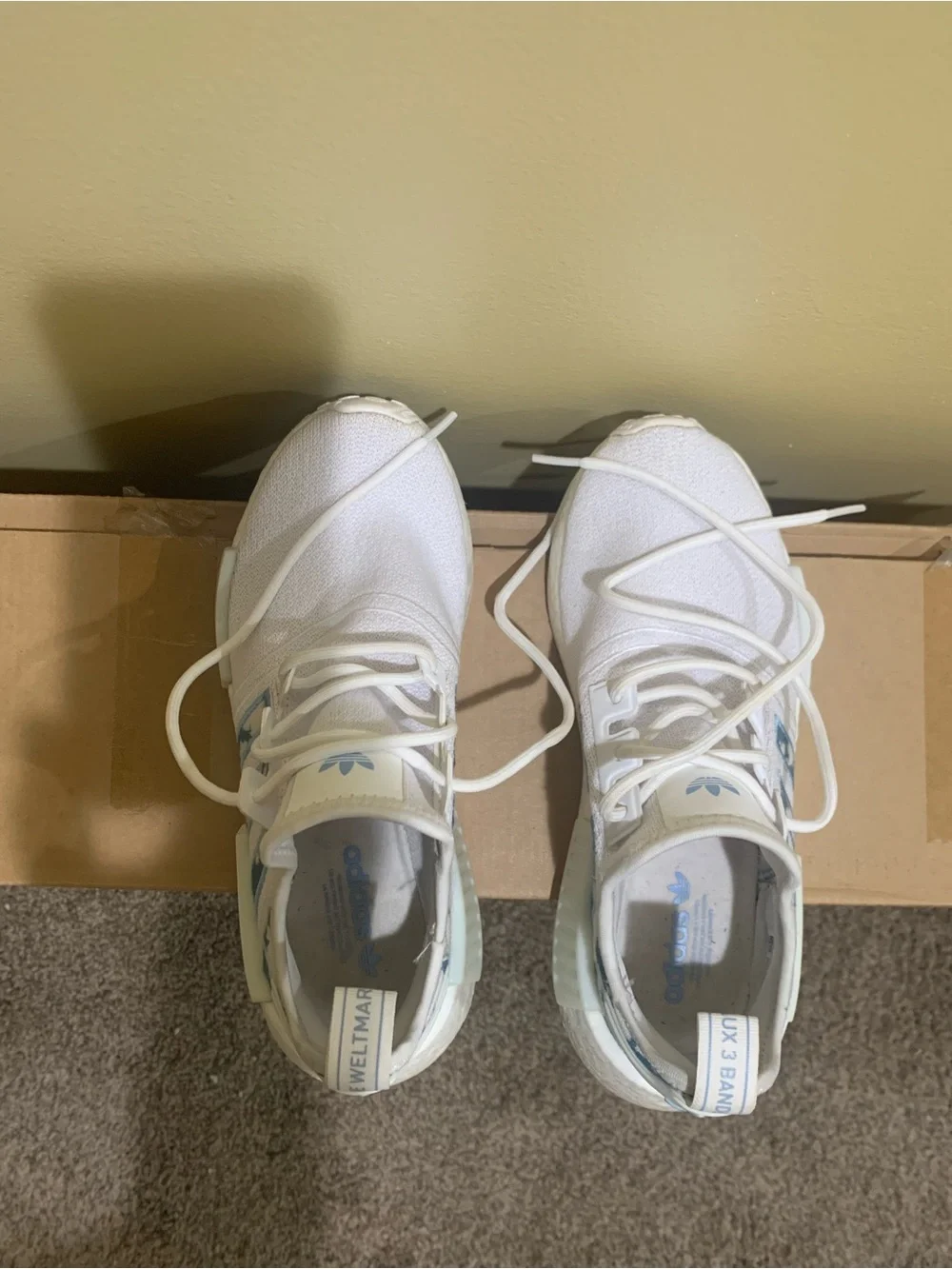 adidas Women’s NMD R1 Sneakers in White and Light Blue Tie-Dye